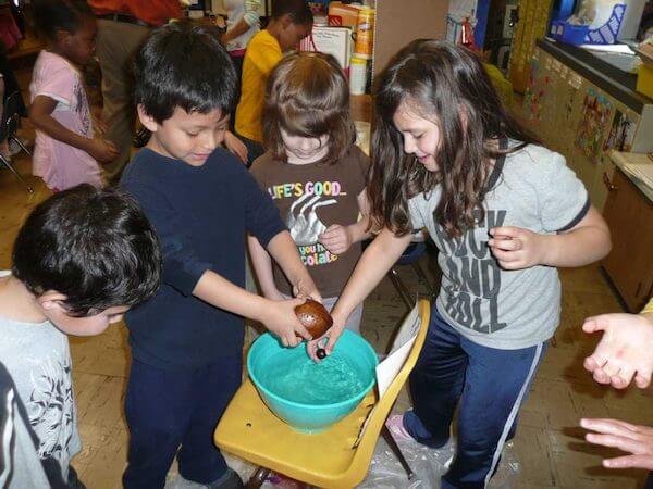 Students drop seeds into water to see which will float.